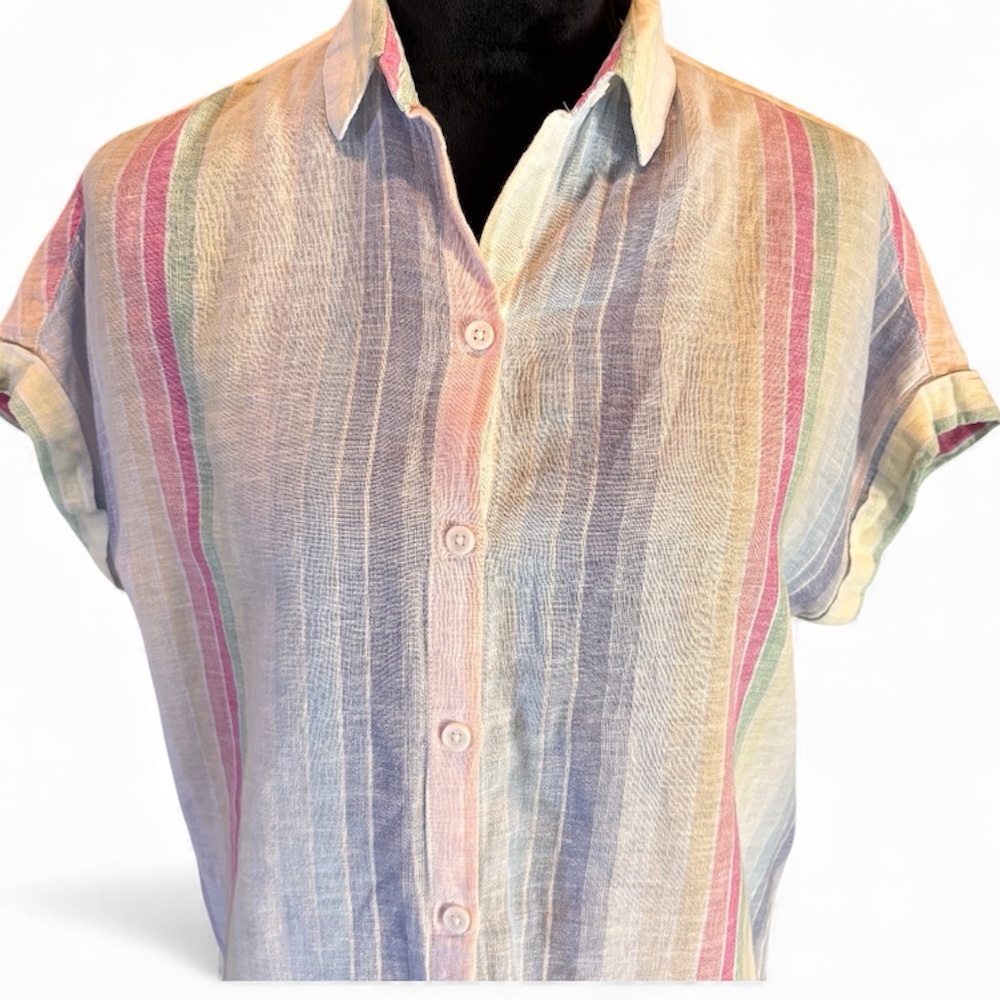 Beachlunchlounge Pastel Striped Linen Blend Spencer Camp Shirt, XS,Oversized - Picture 3 of 12